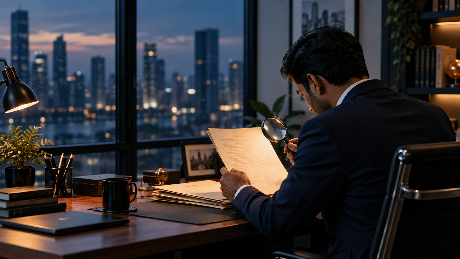 Professional private detective reviewing a confidential case file
